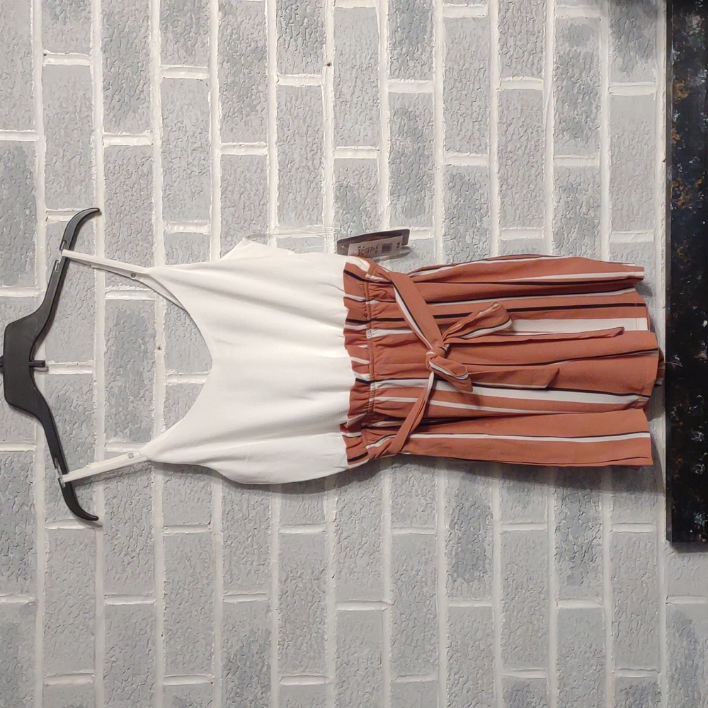 FREE w/ Bundle Lily Rose White Top and Peach Striped V-Neck Lined Romper Small